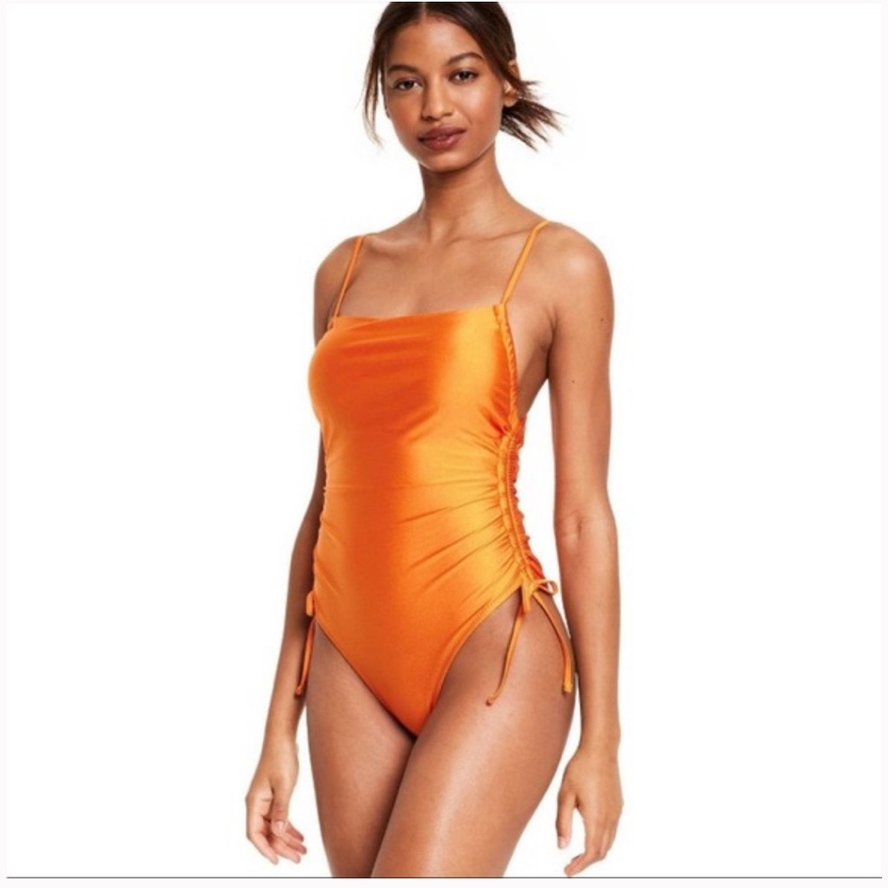 Fe Noel x Target Orange Metallic Side-Ruched High Leg One Piece Swimsuit Medium